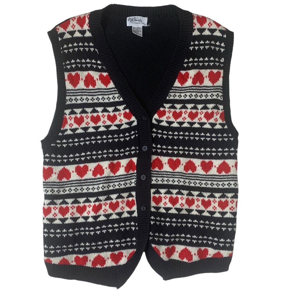 All Points Vintage 90s Size M Knit Black White Red Heart Sweater Vest